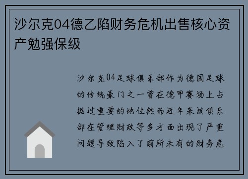 沙尔克04德乙陷财务危机出售核心资产勉强保级 沙尔克04德乙陷财务危机出售核心资产勉强保级